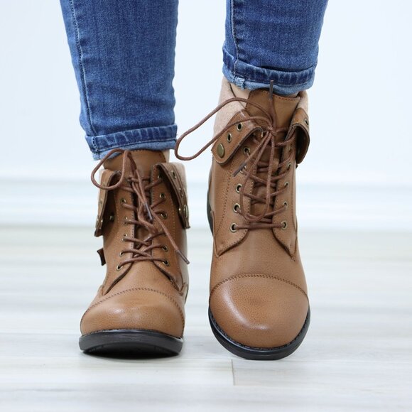 Tan Ankle Boots Lace-Up Fold Cuff Buckle Detail Faux Leather Flat Sole - Picture 8 of 10